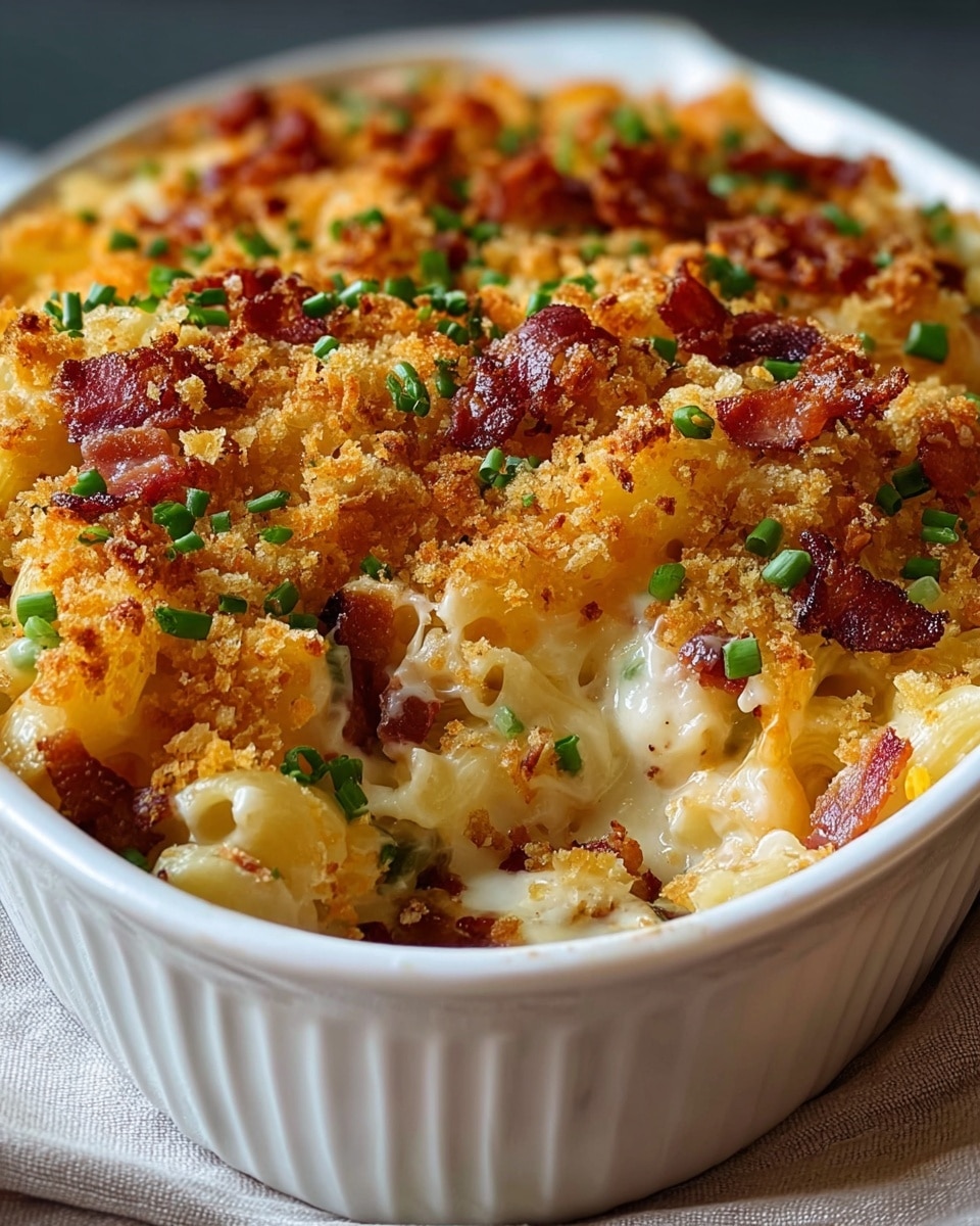 A white deep round baking dish filled with a three-layer baked pasta casserole, the bottom layer consisting of pale, soft wavy pasta mixed with a creamy sauce and bits of green herbs, the middle layer made up of a smooth, melted cheese blend in light yellow and creamy white tones, and the top layer covered with a golden brown crispy breadcrumb topping scattered with small pieces of reddish-brown bacon and bright green chopped chives, the edges showing some melted cheese bubbling over slightly, all set on a striped cloth over a white marbled surface. photo taken with an iphone --ar 4:5 --v 7
