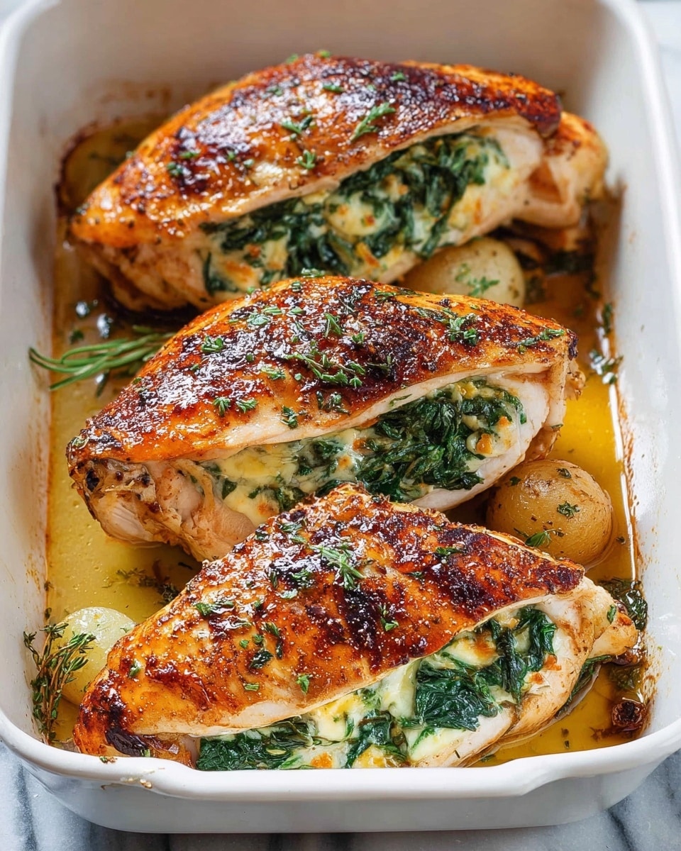 The image shows three large, golden-brown stuffed chicken breasts with a slightly crispy and seasoned top layer, placed closely together in a white baking dish. Each chicken breast is split open at the middle, revealing a creamy filling inside that is mixed with green leafy herbs, adding a fresh green contrast to the yellowish stuffing. Around the chicken, light brown juices spread and some small green herbs are sprinkled on top as garnish. The dish sits on a white marbled surface. Photo taken with an iphone --ar 4:5 --v 7