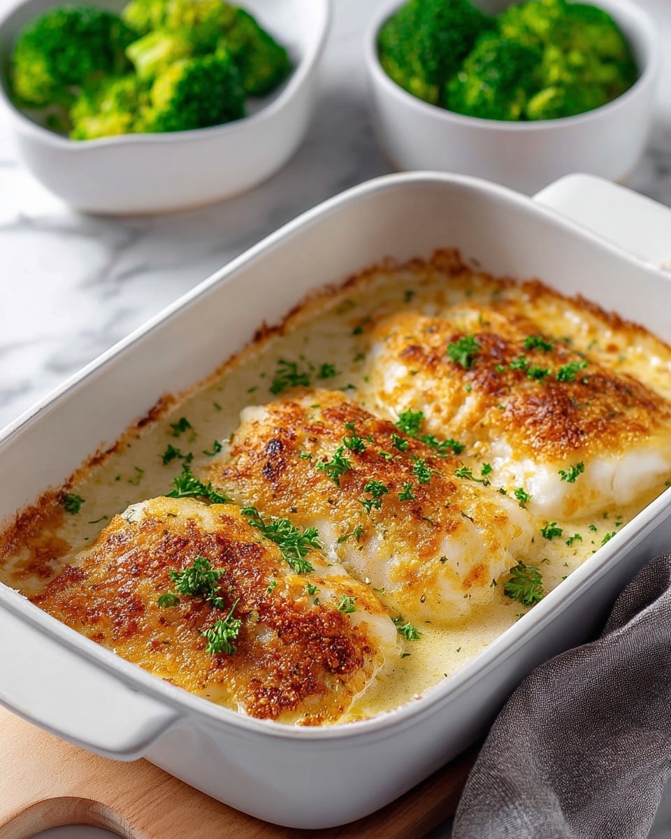 A white baking dish holds three pieces of crispy golden-brown fish fillets arranged in a row. Each fillet has a crunchy, textured top layer with a sprinkling of grated cheese and small green parsley leaves on top. The fillets rest in a creamy, light-yellow sauce that fills the bottom of the dish. In the background, two white bowls contain bright green steamed broccoli. The whole scene is set on a white marbled surface with a light gray cloth to the side. photo taken with an iphone --ar 4:5 --v 7