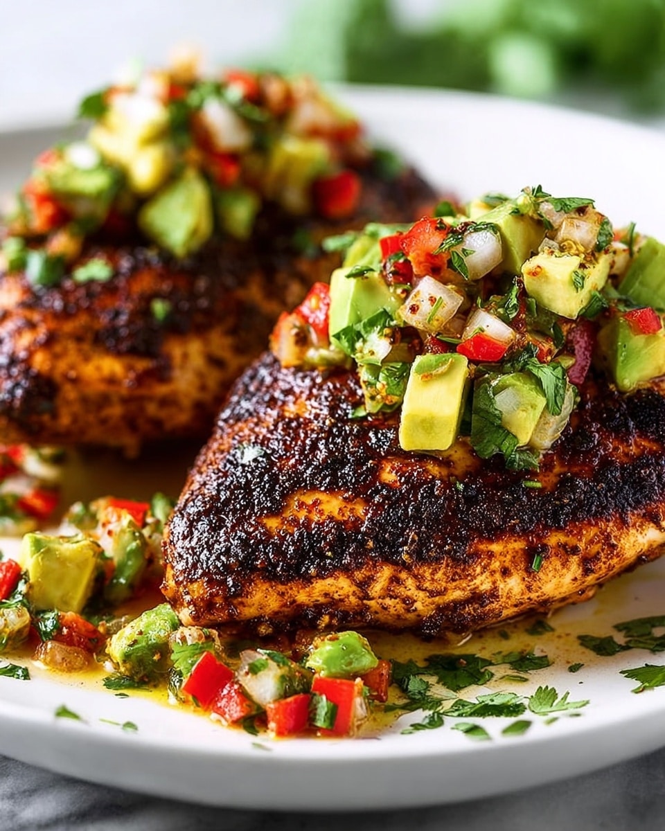 Two grilled chicken breasts with dark char marks and a crispy texture sit on a white plate. Each piece of chicken is topped with a colorful salsa made of small green avocado cubes, red diced tomatoes, white onion bits, fresh green herbs, and crunchy golden corn kernels. Extra pieces of salsa are scattered on the plate around the chicken. The plate rests on a white marbled surface, giving a clean and bright background. photo taken with an iphone --ar 4:5 --v 7