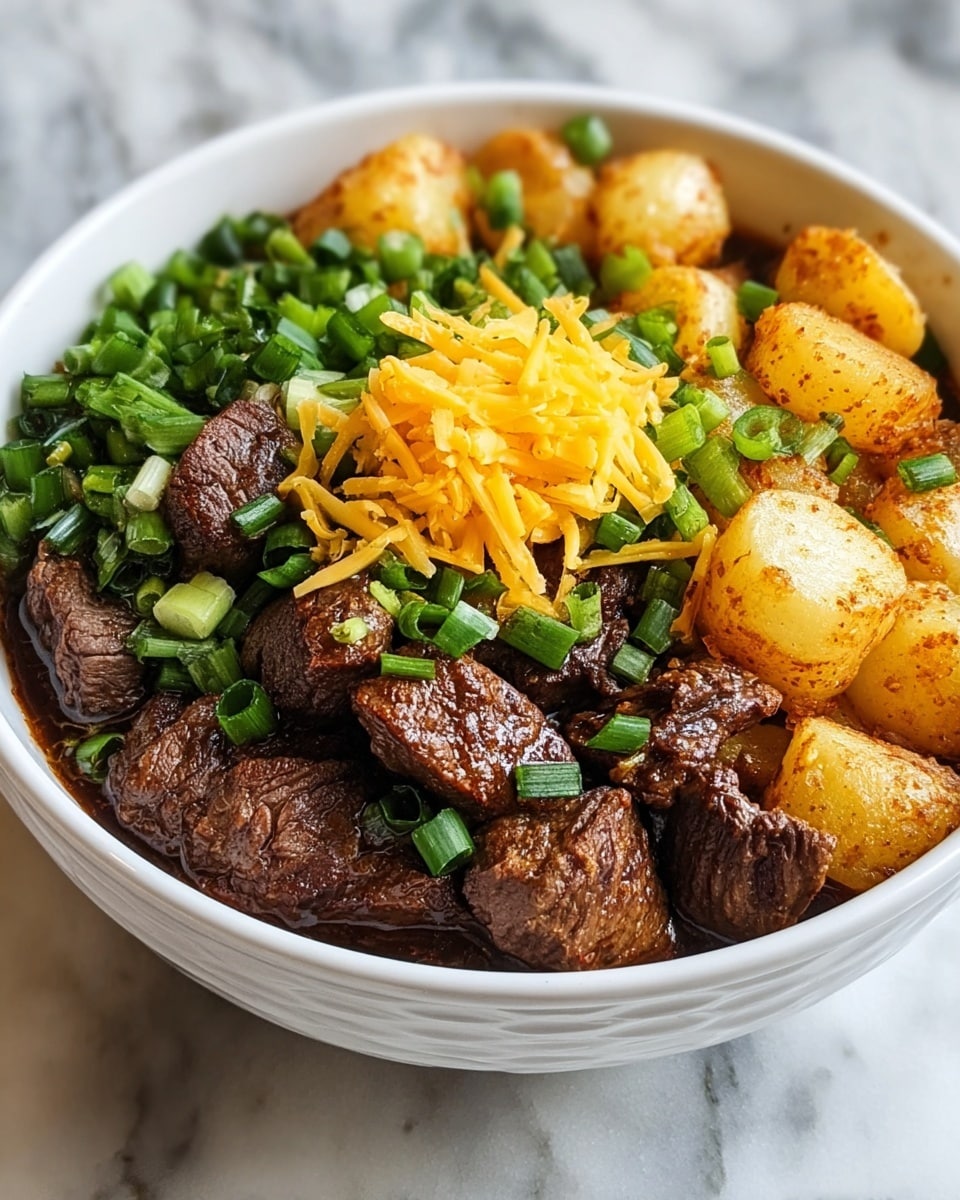 A white bowl filled with a rich brown stew with large chunks of golden browned potatoes around the edge, topped with moist, dark brown seared beef pieces in the center. Bright green chopped scallions cover the beef, and a small pile of shredded orange cheddar cheese sits on top of the scallions. The bowl is placed on a white marbled surface. Photo taken with an iphone --ar 4:5 --v 7