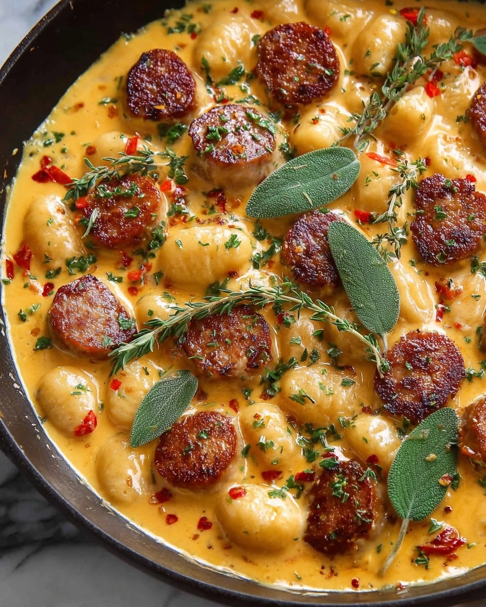 The dish shows a close-up of a creamy orange sauce filled with small, round gnocchi pieces and browned sausage slices. The sausage slices are golden-brown and slightly crispy on top, mixed throughout the sauce which looks smooth and rich. Fresh green herbs, including whole sage leaves and small thyme sprigs, are scattered on the surface, adding a touch of green contrast. There are also small red bits sprinkled around, likely dried chili pieces or sun-dried tomatoes. The food is served inside a black cooking pan, set against a white marbled texture. photo taken with an iphone --ar 4:5 --v 7