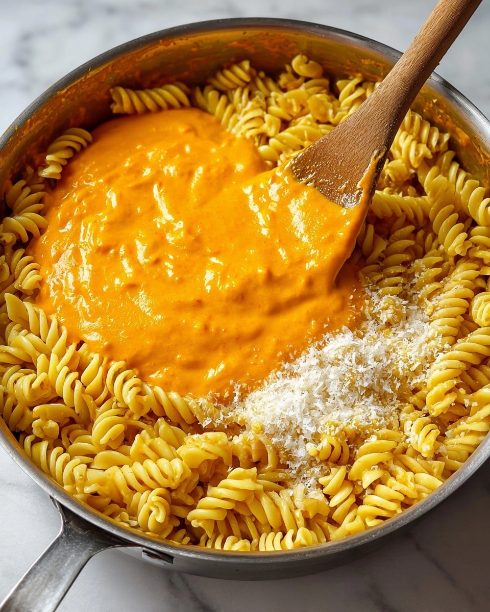 The image shows a close-up of a silver pan filled with bright yellow cooked rotini pasta as the bottom layer. On top of the pasta, there is a light sprinkling of finely grated white cheese on the left side. Covering the center, a thick layer of creamy, smooth orange sauce is being spread with a wooden spatula that has a light brown handle. The pan sits on a white marbled surface. photo taken with an iphone --ar 4:5 --v 7
