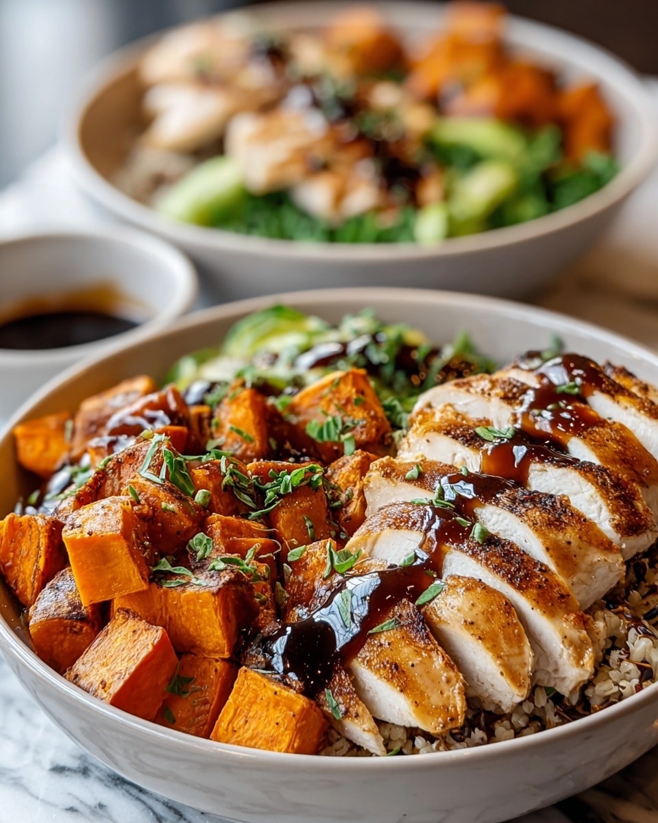 A white bowl holds a meal with two main layers: the left half is filled with bright orange roasted sweet potato cubes sprinkled with small green herb leaves, and the right half has grilled chicken slices with a golden brown char, drizzled with a dark, glossy sauce and garnished with chopped green herbs. The background shows another white bowl with more sweet potatoes and green broccoli, all placed on a white marbled surface, with a small cup of dark sauce nearby. photo taken with an iphone --ar 4:5 --v 7