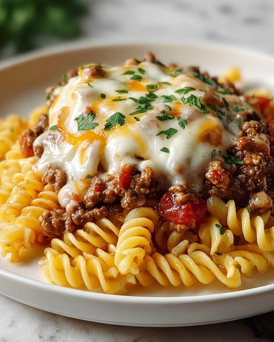 A white plate holds three layers: the bottom layer is a bed of short, twisted pasta in a light yellow color, scattered with small pieces of cooked ground beef that are brown with a slightly crispy texture. On top of this is a mixed layer with small diced red tomato pieces and more brown ground beef to add color contrast. The top layer is covered with a smooth, melted white cheese that drapes over the beef and pasta, sprinkled with small green parsley leaves for garnish. The dish sits on a white marbled surface. photo taken with an iphone --ar 4:5 --v 7
