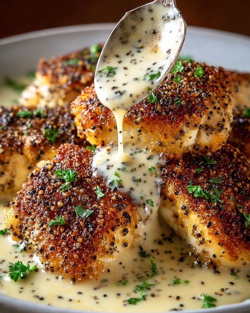 A close-up of four thick chicken breasts with a dark golden-brown, crispy crust covered in black pepper and herbs, arranged in a white plate. Each piece is topped with fresh green parsley bits. Creamy light beige sauce with black pepper flakes and green herbs covers the bottom of the plate, with a spoon pouring more sauce over the front chicken piece, showing the sauce dripping down its side. The chicken texture is crunchy on top and tender inside, surrounded by the smooth sauce. Photo taken with an iphone --ar 4:5 --v 7