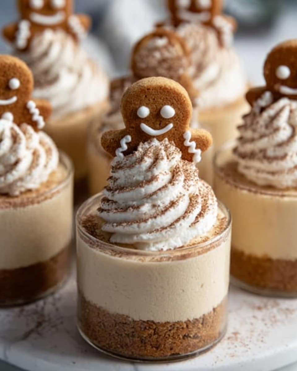 The image shows several clear glass cups filled with a layered dessert. At the bottom, there is a crunchy brown crumb base. Above that is a smooth, creamy beige layer filling most of the cup. On top, there is a tall swirl of light, whipped cream with a dusting of cocoa powder. Each dessert is topped with a small, smiling gingerbread cookie placed upright in the whipped cream. The cups sit on a white marbled surface. photo taken with an iphone --ar 4:5 --v 7