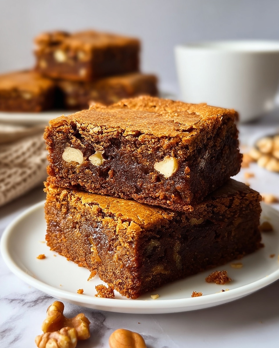 Two square pieces of thick, soft-looking brown cake stacked on a white plate on a white marbled surface. The top piece shows a crumbly texture and visible white nut chunks inside, while the bottom piece has a denser look with some nuts peeking out. Around the plate are some scattered nut pieces and crumbs. In the background, there is another square cake piece and a white bowl, with soft lighting highlighting the texture of the cake. Photo taken with an iphone --ar 4:5 --v 7