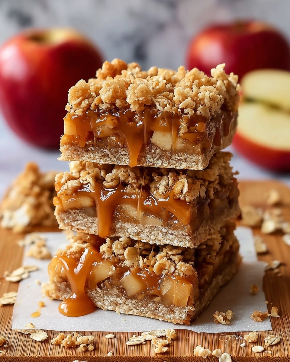 A stack of three square apple crumble bars is shown, each with three layers: a light brown crunchy base, a middle layer of soft apple chunks covered in glossy golden caramel sauce that drips slightly, and a top layer of crumbly oat and brown sugar streusel. The bars are placed on a white square paper on a wooden board with scattered oats and crumbs around. In the blurred background, two red apples and a sliced apple half rest on a white marbled texture. photo taken with an iphone --ar 4:5 --v 7