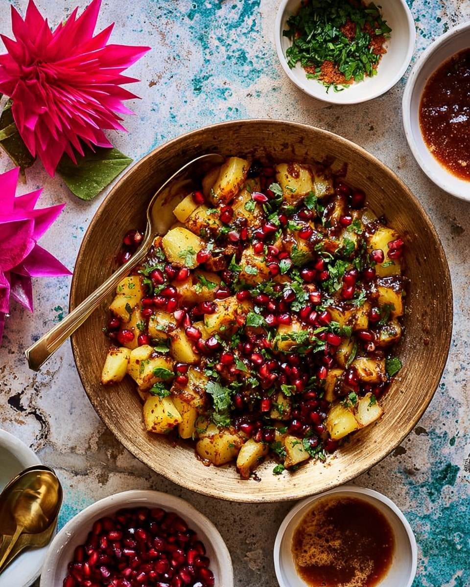 A large brass bowl holds a dish with three main layers: the bottom layer consists of golden-brown fried potato cubes, the middle layer is a drizzle of dark reddish-brown tamarind sauce spreading over the potatoes, and the top layer is a mix of bright red pomegranate seeds and fresh green cilantro leaves scattered evenly across. A vintage-style silver spoon rests inside the bowl, partly scooping the dish. Surrounding the bowl are small white bowls filled with pomegranate seeds, green chutney, and a dark brown sauce, all placed on a white marbled texture surface with blue floral cloth and colorful decorations nearby. photo taken with an iphone --ar 4:5 --v 7