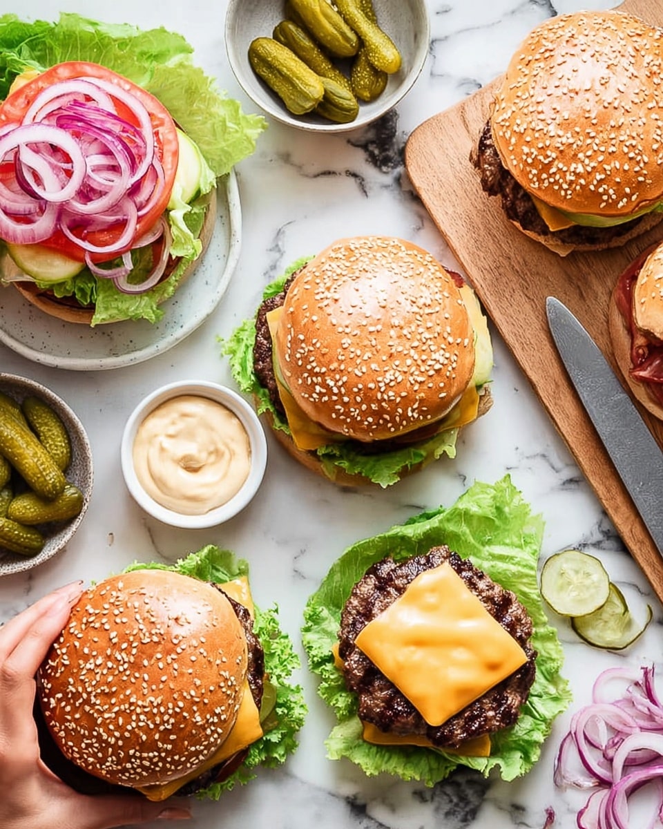 The image shows several cheeseburgers with sesame seed buns arranged on a white marbled surface. Each burger has a base layer of green lettuce, followed by a juicy brown beef patty, and topped with sliced red tomatoes and rings of red onion. Some burgers have melted pale yellow cheese on top of the patties. A white bowl with creamy light orange sauce is in the center, next to another white bowl filled with sliced green pickles. There is a wooden board holding one burger, with a knife beside it. The textures of the burgers are fresh and vibrant, with the buns golden brown and slightly shiny. photo taken with an iphone --ar 4:5 --v 7