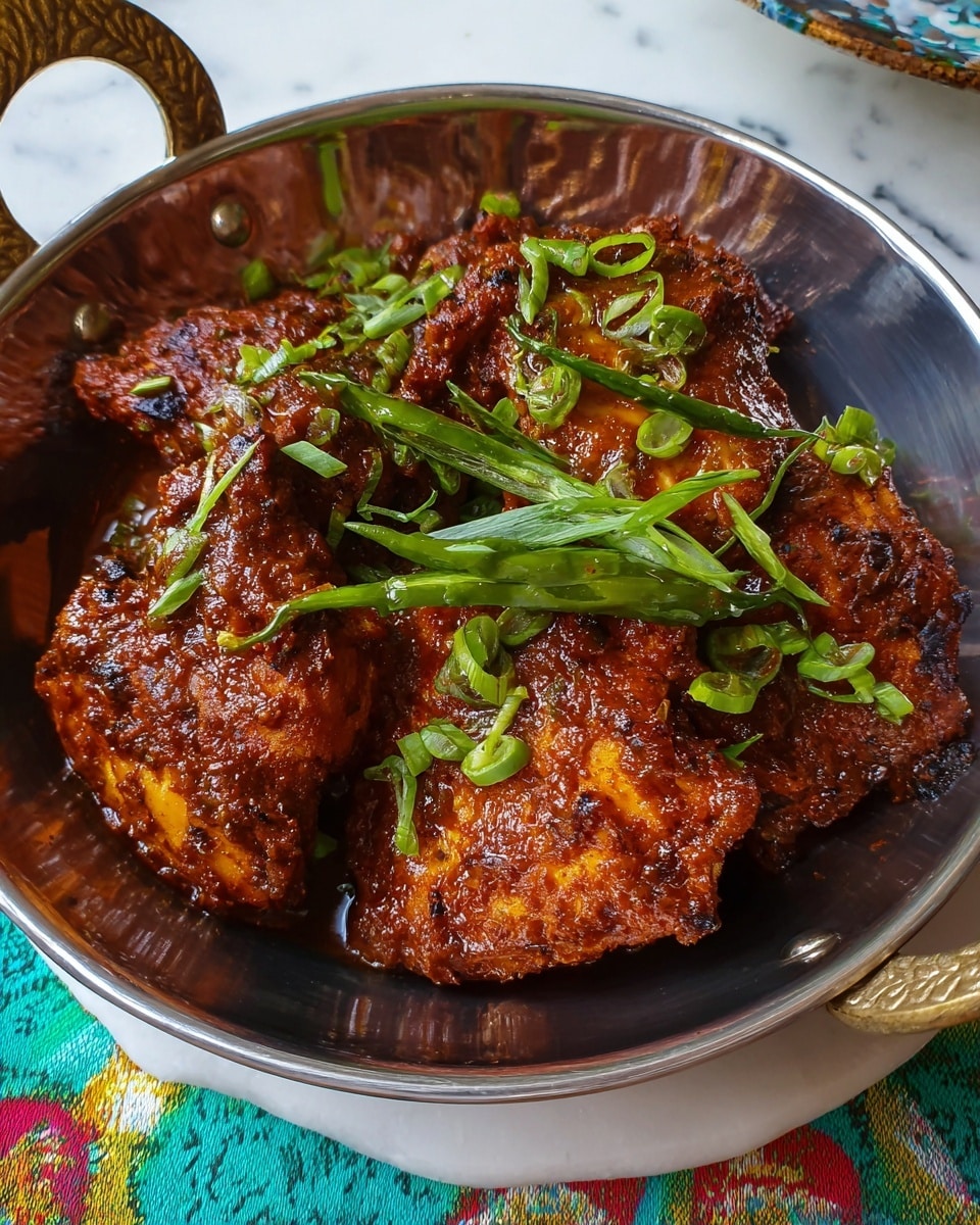 A shiny steel bowl holds three large pieces of cooked chicken coated in a thick, dark reddish-brown spice sauce with visible texture. The chicken is garnished with many small chopped green onions scattered evenly on top, adding bright green and white contrast. Whole green chilies peek from under the chicken, tucked on the sides. The bowl sits on a table covered by a cloth with green, beige, red, and cream checkered stripes and a white marbled texture. photo taken with an iphone --ar 4:5 --v 7