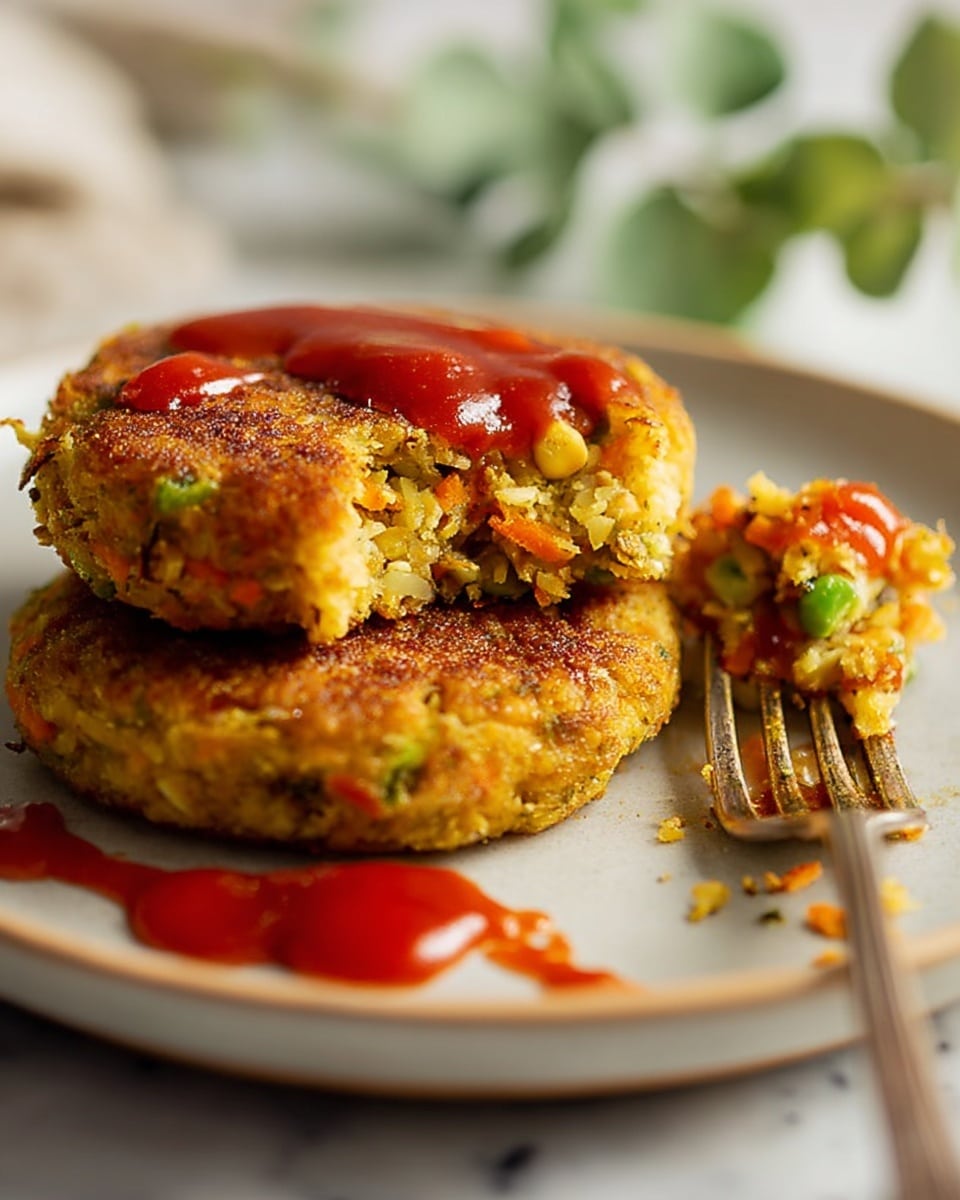 The image shows two golden-brown vegetable patties stacked on top of each other on a white plate. The patties have a crumbly texture with bits of orange carrots and green vegetables visible throughout the crispy outer layer. The front patty is broken open revealing soft, cooked vegetables inside with a bright red sauce drizzled on top and spilling onto the plate. A fork is placed near the broken patty holding a small piece covered in sauce. Some green leaves are blurred on the left side of the plate, all set on a white marbled surface. photo taken with an iphone --ar 4:5 --v 7