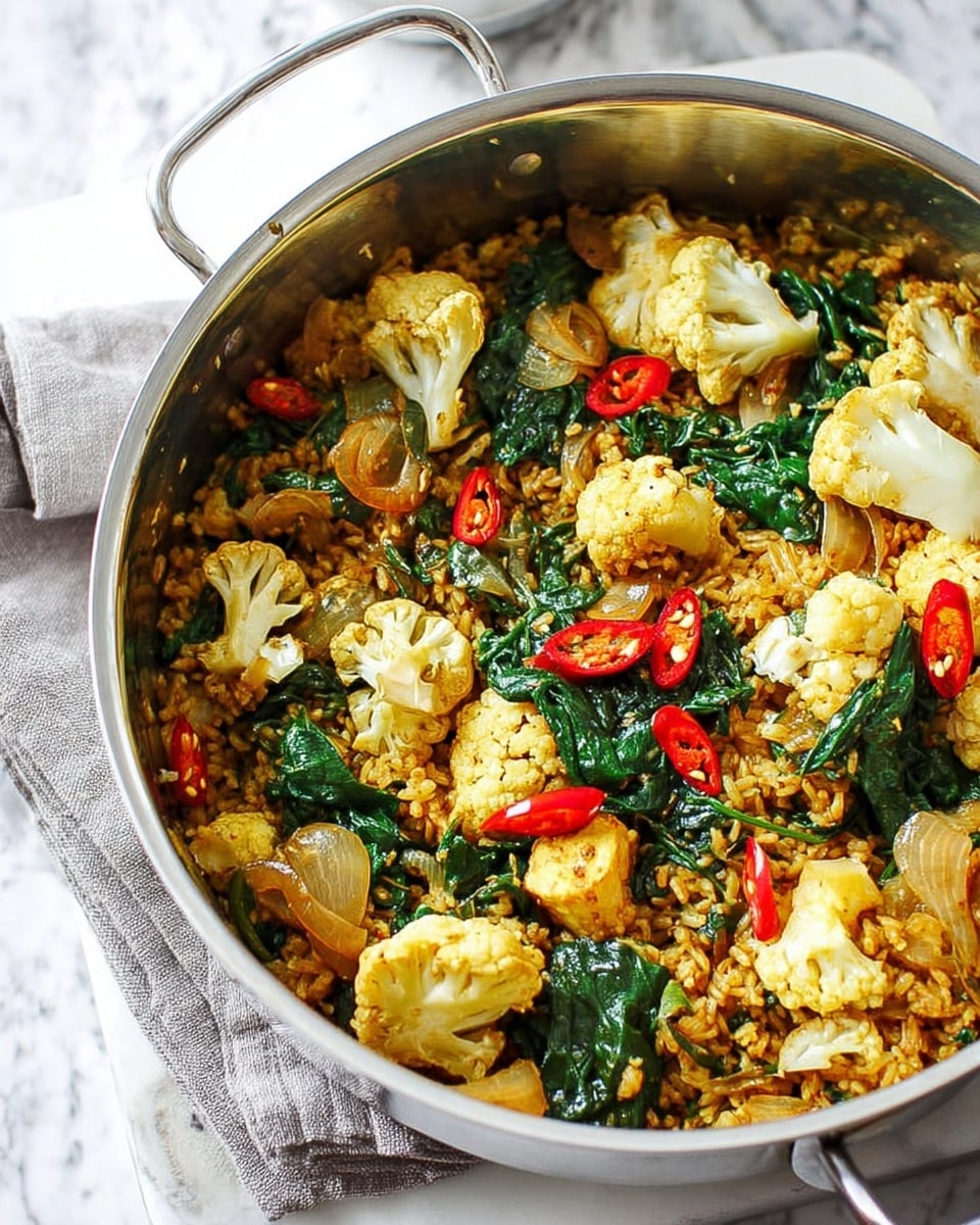 The image shows a large silver cooking pot filled with a mixed dish that has multiple layers. At the bottom and throughout, there is a layer of cooked, golden-brown grains that look like rice or bulgur. Scattered on top and mixed in are light cream-colored cauliflower florets of different sizes. Interspersed among the cauliflower are pieces of crispy, golden-brown chunks that resemble tofu or fried food. There are bright green, wilted leafy vegetables, possibly spinach, spread evenly in small bunches. Thin slices of red chili peppers are placed on top, adding small pops of red color, and some thinly sliced caramelized onions add texture. The pot sits on a light grey cloth on a white marbled surface. Photo taken with an iphone --ar 4:5 --v 7