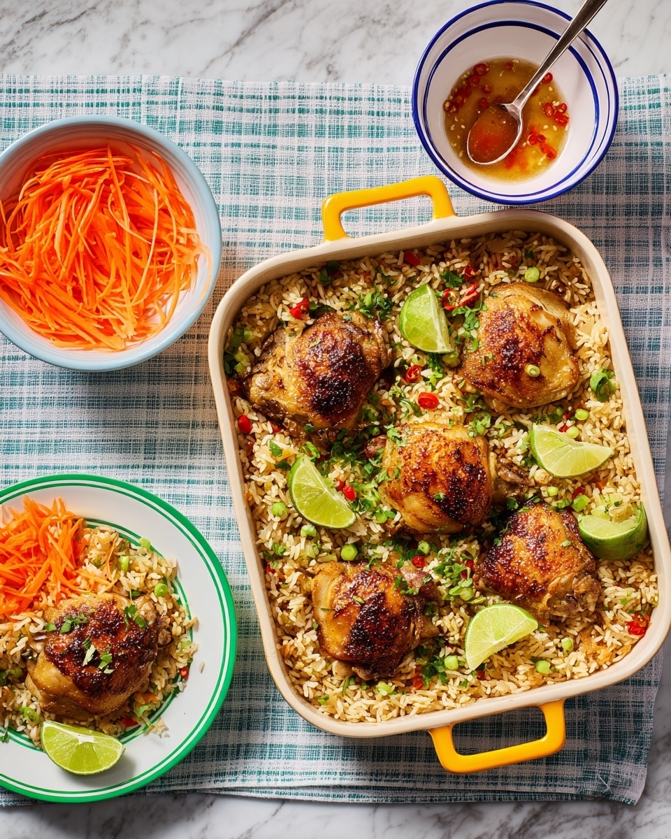 A rectangular yellow-handled roasting pan holds a rice dish with five golden-brown cooked chicken thighs on top, garnished with chopped green herbs, sliced green onions, and small red chili pieces; three lime wedges are placed among the chicken. The rice underneath is light yellow with visible grains, mixed with herbs and vegetables. To the left, a small white bowl with a blue rim contains a red sauce with a silver spoon inside. Below this bowl, a white bowl holds thin orange carrot sticks. At the bottom right, a white plate with a green rim has a serving of the rice topped with one chicken thigh, a lime wedge, and a pile of carrot sticks on the side. All dishes are on a blue and white gingham cloth, on a white marbled surface. Photo taken with an iphone --ar 4:5 --v 7