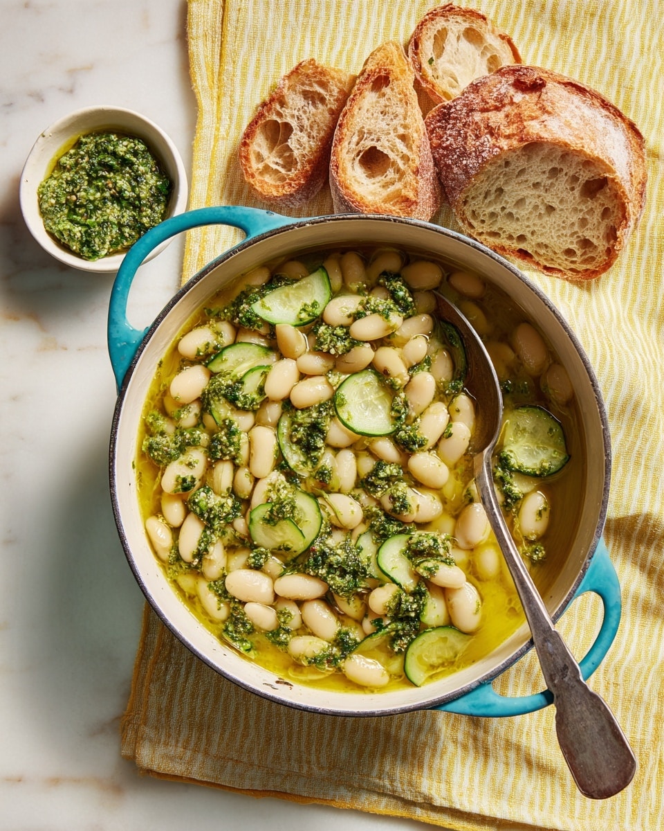 A light blue pan with two teal handles holds a dish of white beans mixed with thin slices of green cucumber and topped with dollops of dark green herb sauce, all in a glossy yellow-green oil. The beans are smooth and rounded, scattered evenly across the pan. A worn silver spoon rests inside the pan on the left, partially covered by the beans and sauce. To the right of the pan, there are several slices of crusty brown bread on a white marbled surface next to a mustard yellow striped cloth. A small white bowl with more green herb sauce is placed at the top left corner. Photo taken with an iphone --ar 4:5 --v 7
