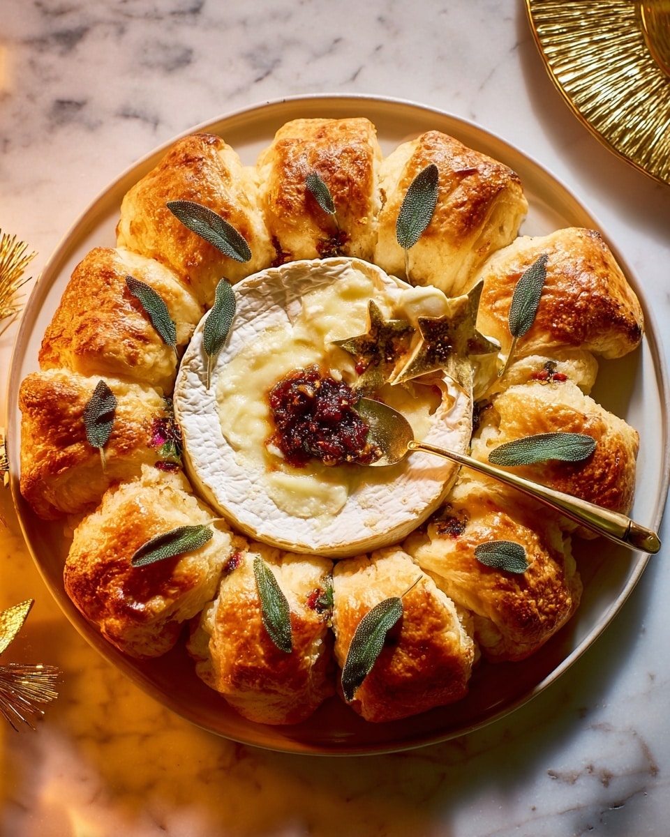 A white round plate holds a golden brown puff pastry ring with a shiny, flaky texture, each segment topped with a green sage leaf and arranged in a circle around a whole round baked camembert cheese placed in the center. The camembert has a white rind and a creamy, melted interior that is partially scooped out with a small spoon topped with a star-shaped handle, which rests on the cheese. A dark red chutney sits on the cheese, garnished with a fresh green sage leaf. The plate is set on a white marbled surface with warm lighting highlighting the rich colors and textures. photo taken with an iphone --ar 4:5 --v 7