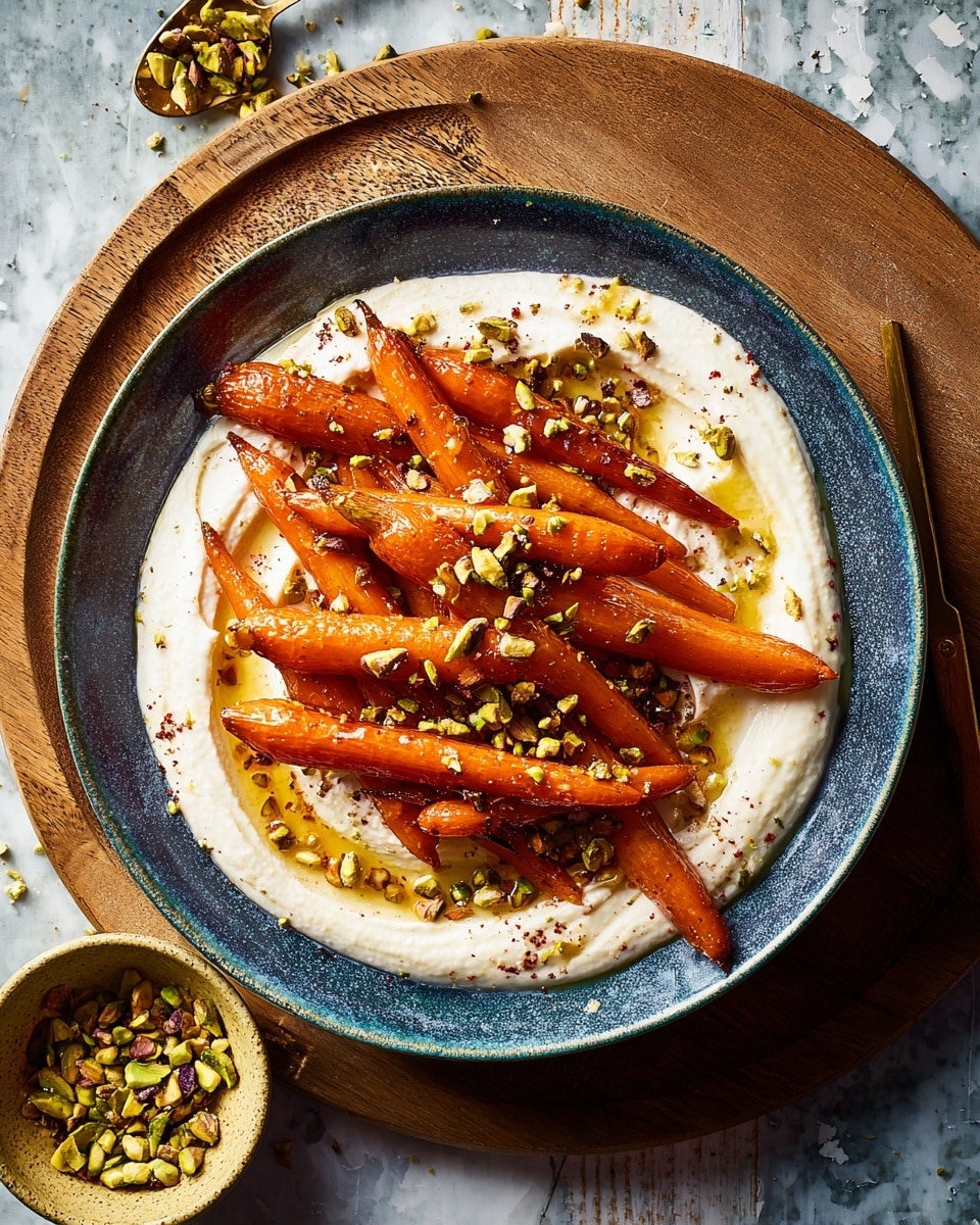 A white ceramic bowl holds a layer of smooth, creamy white sauce spread in a circle at the bottom, topped with a thick pile of glazed, roasted orange carrots placed in the center. The carrots have a shiny, slightly sticky texture with some black pepper sprinkled on them. Small green chopped nuts are scattered over the carrots and sauce, adding texture and color contrast. The bowl sits on a wooden cutting board on a white marbled surface, with a small mustard-yellow bowl containing more chopped nuts and a brass spoon placed nearby. photo taken with an iphone --ar 4:5 --v 7