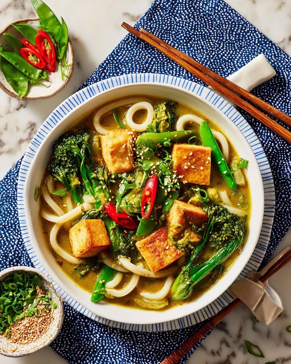 A white bowl filled with four thick, golden-brown tofu cubes resting on top of a bed of thick white noodles that are coated in a vibrant green sauce. Mixed throughout are bright green vegetables like broccoli, snap peas, and leafy greens, with scattered slices of red chili pepper adding contrast. The dish is sprinkled with sesame seeds and garnished with fresh herbs. The bowl sits on a white plate with blue lines, placed on a blue patterned cloth atop a white marbled surface. To the left, wooden chopsticks lie parallel beside the bowl, and a small white bowl containing sesame seeds, fresh herbs, and sliced red chili peppers is partially visible. photo taken with an iphone --ar 4:5 --v 7