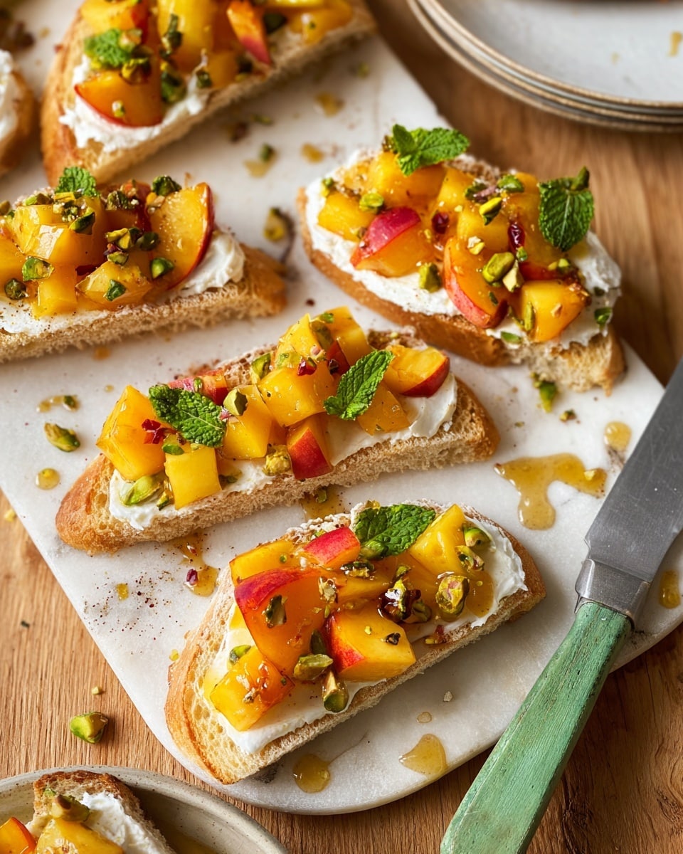 The image shows pieces of toasted baguette cut into triangles arranged on a wooden board, each topped with a thick layer of white creamy cheese. On top of the cheese, there are chunky pieces of orange and yellow fruit, likely peaches or nectarines, mixed with small bits of red chili. The fruit pieces appear juicy and glossy. Bright green mint leaves and small chopped pistachios are scattered on top of each toast, adding color contrast. There is a light drizzle of honey or syrup over the fruit, shining under the light. Part of a white plate with a few more toasts sits on the top right, and a knife with a green handle rests on the wooden surface on the bottom right. The background surface is white marble texture. Photo taken with an iphone --ar 4:5 --v 7