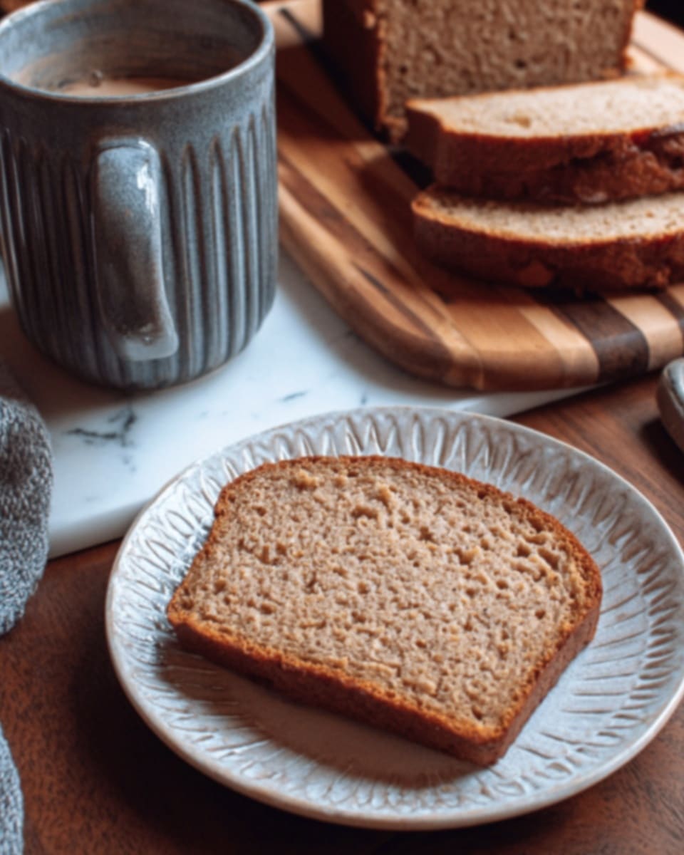 A close-up image showing a single slice of brown bread with small seeds on its surface placed on a white ceramic plate with a wavy rim. Behind the plate, there is a wooden cutting board with more slices of the same bread stacked in a neat row. To the left, part of a grayish white cup with a textured pattern is visible. A woman's hand is reaching towards the bread. The background is a white marbled surface. photo taken with an iphone --ar 4:5 --v 7