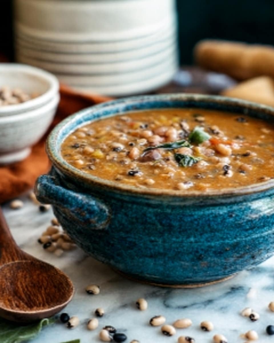 The image shows a blue ceramic pot filled with thick soup made of different beans, with a smooth brownish color and small black and white beans visible throughout. The soup has some green garnish on top, with a few bay leaves and fresh herbs adding texture. Around the pot, there are scattered dry beans in various colors including white, black, and brown. The background is a white marbled surface, and there are bowls and a wooden spoon blurred in the background. Photo taken with an iphone --ar 4:5 --v 7