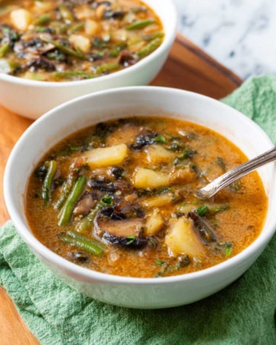 A white bowl filled with thick soup that has visible pieces of green beans, white chunks, and dark leafy vegetables floating on top. The soup is rustic with a brownish-yellow color and a slightly chunky texture. A spoon is partly inside the bowl, held by a woman's hand, resting on a white marbled surface with a green cloth nearby. The background shows a soft focus of another bowl with similar soup. photo taken with an iphone --ar 4:5 --v 7