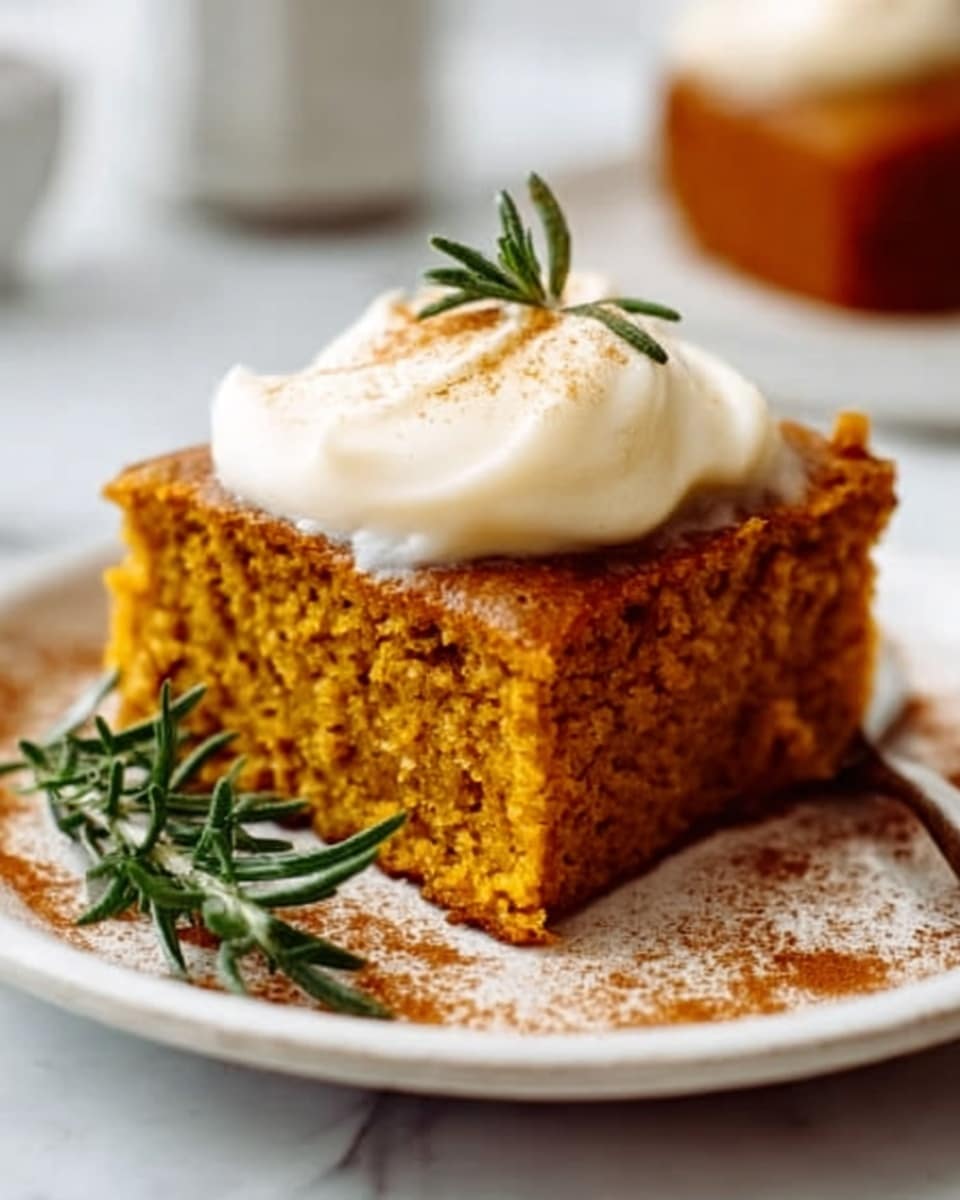 A square piece of moist pumpkin cake with a fluffy texture sits on a white round plate. The cake is orange-brown with tiny air holes visible on the sides, topped with a dollop of creamy white frosting that looks soft and smooth. There is a light dusting of cinnamon powder sprinkled around the cake on the plate, and a small sprig of green rosemary rests next to it. The background features a white marbled surface, softly blurred to keep the focus on the cake. photo taken with an iphone --ar 4:5 --v 7