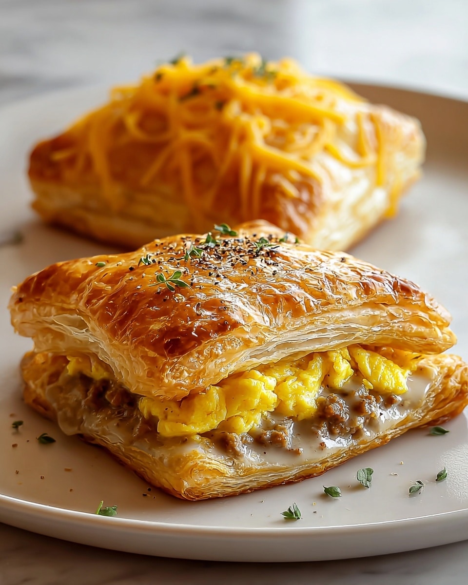 Two flaky pastries sit on a white plate with a white marbled texture underneath. The pastry in the foreground is cut open to show three layers inside: a bottom layer of creamy, light brown sausage gravy with small pieces of sausage, a middle layer of soft, scrambled bright yellow eggs sprinkled with herbs, and a top layer of golden brown, crispy puff pastry dusted with cracked black pepper and garnished with fresh green thyme leaves. Behind it, the second pastry remains closed, topped with shredded bright orange cheddar cheese and sprinkled with seasoning. The pastries have a shiny, golden crust with many crisp layers visible along the edges. photo taken with an iphone --ar 4:5 --v 7