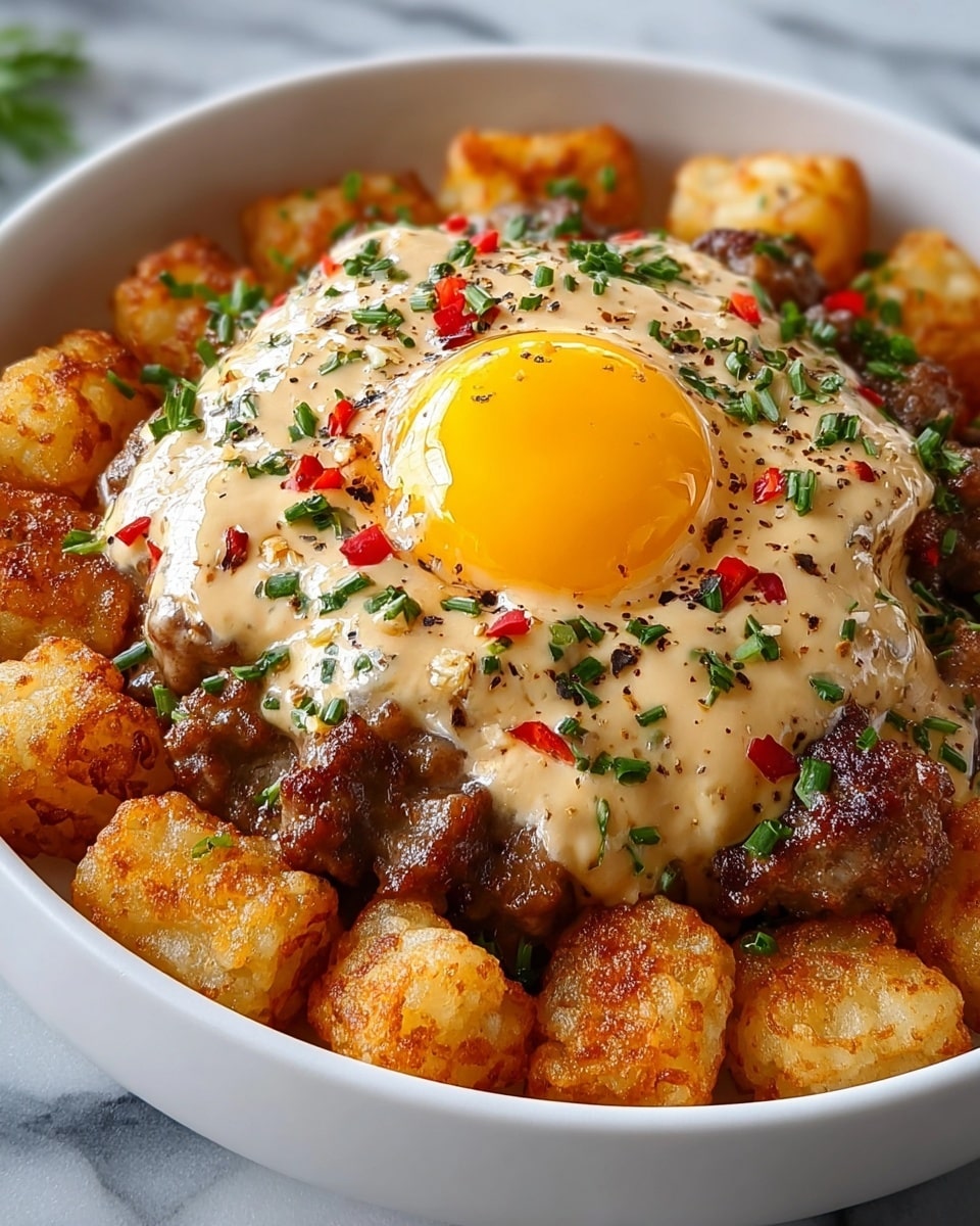 A white bowl is filled with golden brown, crispy tater tots forming the bottom layer, with a creamy beige sauce poured over their center. On top of the sauce, there are browned sausage pieces scattered, adding a rich, textured look. A bright yellow egg yolk sits perfectly in the center on top of the sauce, sprinkled with bits of black pepper and finely chopped green herbs, along with small red pepper pieces, providing a colorful contrast. The background features a white marbled surface. Photo taken with an iphone --ar 4:5 --v 7