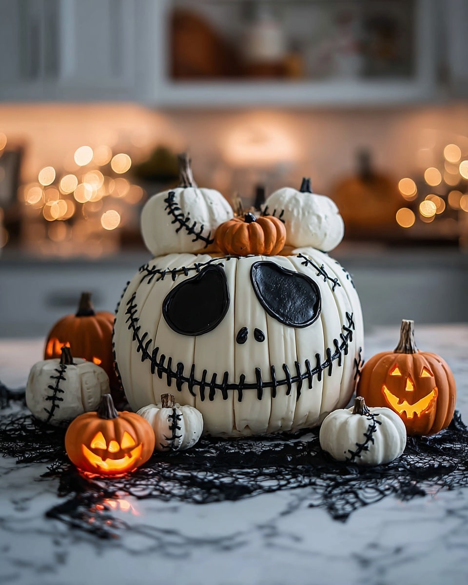 The image shows a large pumpkin decorated to look like a scary face with white frosting and black stitched lines across it, giving it a patchwork look; the pumpkin has two large black eye sockets and a jagged mouth with black shadows beneath. It is placed on a white marbled surface surrounded by smaller pumpkins in orange and white colors, two of which have classic jack-o'-lantern faces glowing with orange light inside, casting reflections on the marble. Black netting material is spread under and around the pumpkins, adding texture to the scene. The background is a blurred kitchen with warm lights, enhancing the spooky Halloween atmosphere. photo taken with an iphone --ar 4:5 --v 7