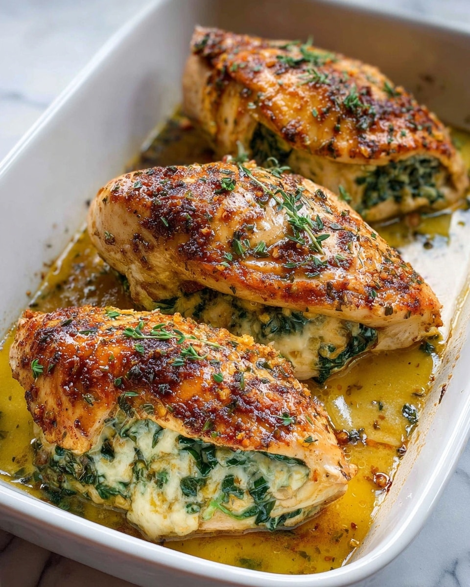 Three large pieces of stuffed chicken breasts are shown in a white baking dish sitting on a white marbled surface. Each chicken breast is browned with a golden to dark brown roasted skin on top, revealing green spinach and creamy cheese filling peeking out from where the chicken is cut open in the middle. The filling is light yellow with visible dark green spinach leaves. Around the chicken, there are some light brown juices, fresh green herbs scattered, and small round white potatoes. The chicken pieces are arranged diagonally, with the closest piece fully visible and the others slightly behind it, creating a layered look. photo taken with an iphone --ar 4:5 --v 7