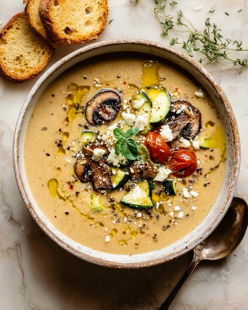 A white bowl filled with creamy beige soup forms the base layer, smooth and thick in texture. On top, a second layer includes several dark brown sautéed mushroom slices scattered around the center, along with small, bright green and yellow zucchini cubes and a few pieces of roasted red tomato. Fresh green sprigs of thyme sit in the middle, adding a fresh touch. The final layer shows a drizzle of golden olive oil, small white crumbs of cheese sprinkled around, and a light dusting of black pepper. Two round pieces of toasted bread with a crunchy texture rest on the white marbled surface beside the bowl. Photo taken with an iphone --ar 4:5 --v 7