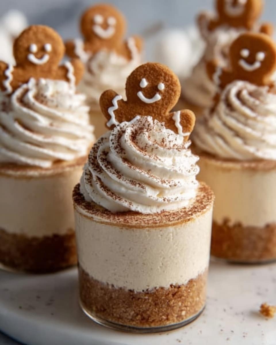 The image shows a close-up of several small dessert cups arranged on a white marbled surface. Each cup has three clear layers: the bottom layer is a crumbly light brown crust, the middle is a smooth creamy beige filling, and the top is a tall swirl of white whipped cream dusted lightly with cocoa powder. On top of the whipped cream sits a small, smiling gingerbread cookie with white icing details. The background is softly blurred, focusing on the cups in the front. photo taken with an iphone --ar 4:5 --v 7