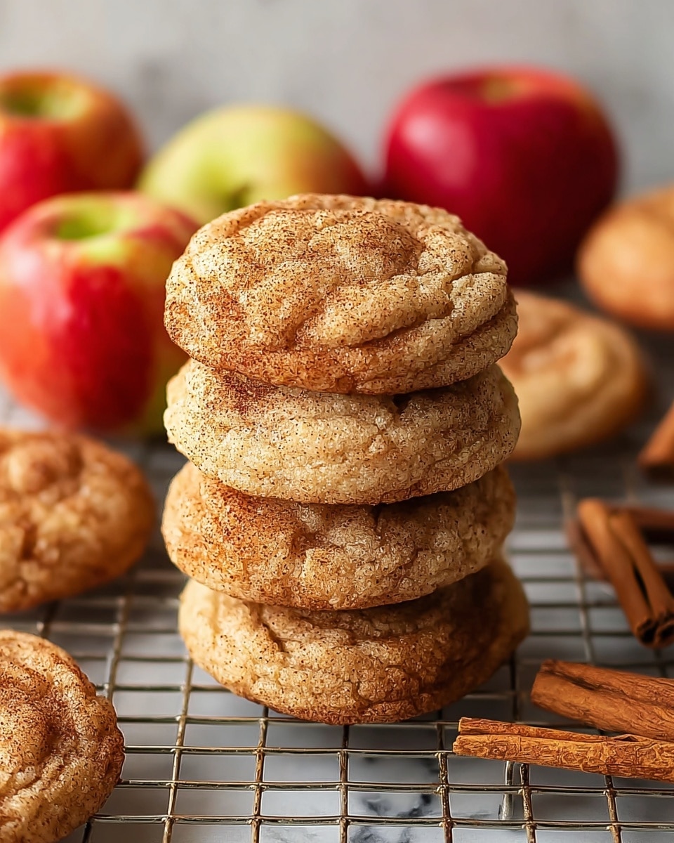 A stack of seven soft cinnamon sugar cookies with a light brown color and specks of cinnamon on top sits on a cooling rack. Around the cookies, there are three red and yellow apples and several cinnamon sticks scattered, all placed on a white marbled texture. The cookies have a slightly cracked surface, showing a chewy texture inside. Photo taken with an iphone --ar 4:5 --v 7