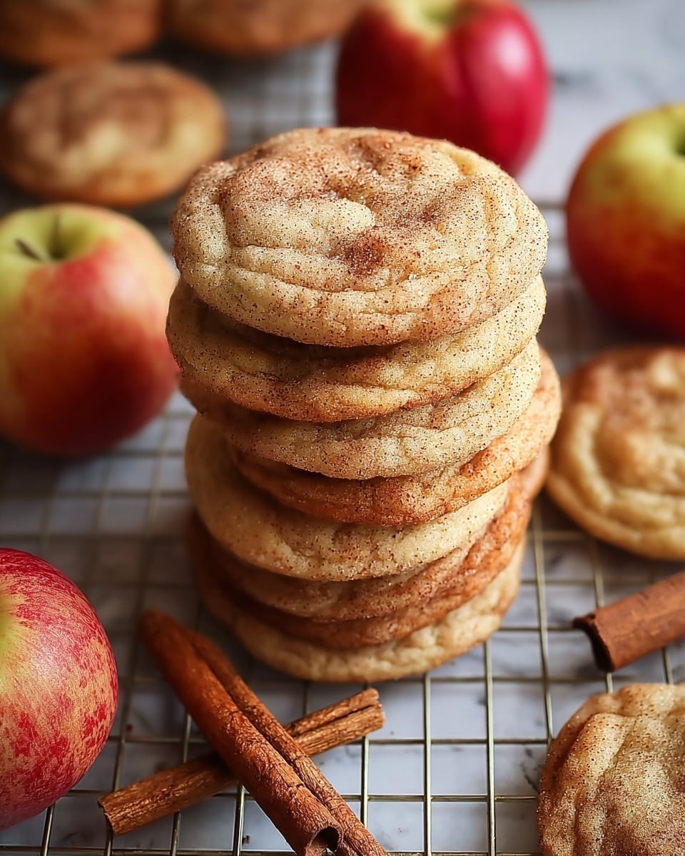 A stack of five round cookies with a cracked texture, light brown color, and specks of cinnamon on top, set centrally on a silver cooling rack; the cookies have a slightly ruffled edge and a soft, chewy appearance. Around the cookies, scattered cinnamon sticks in warm brown hues lie on the rack, with several red and yellow apples with a smooth, shiny surface placed in blurred background positions. The whole scene rests on a white marbled texture surface, giving it a clean and bright look. photo taken with an iphone --ar 4:5 --v 7