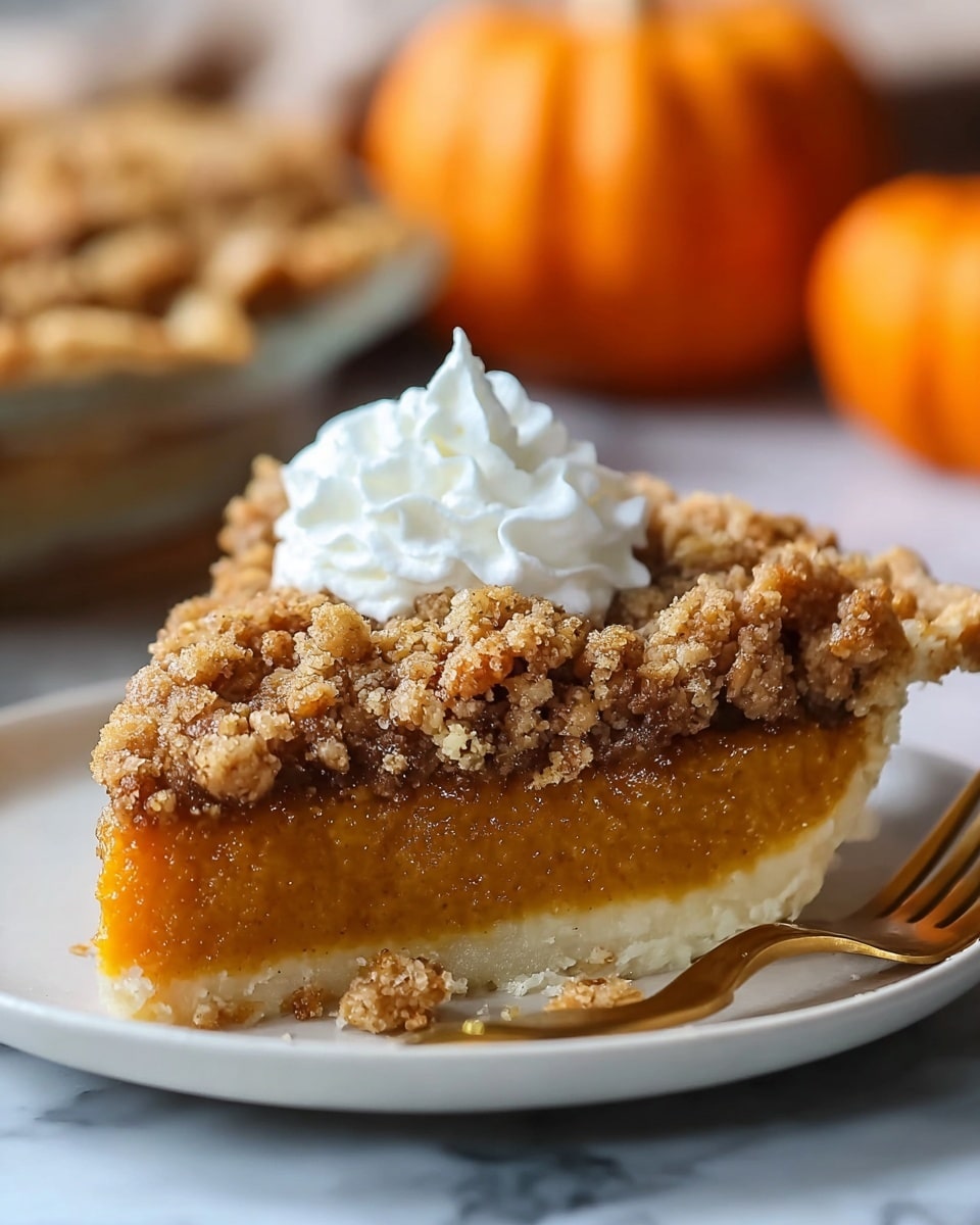A close-up view of a slice of pumpkin crumble pie on a white plate, showing three distinct layers: at the bottom, a smooth, light beige crust; in the middle, a thick, bright orange pumpkin filling with a soft texture; and on the top, a chunky, golden-brown crumble made of oats and nuts that looks crispy. The slice is garnished with a dollop of fluffy white whipped cream sitting on top of the crumble. In the soft-focus background, there is a larger pie and some small pumpkins on a white marbled surface. A gold fork is placed near the plate. photo taken with an iphone --ar 4:5 --v 7
