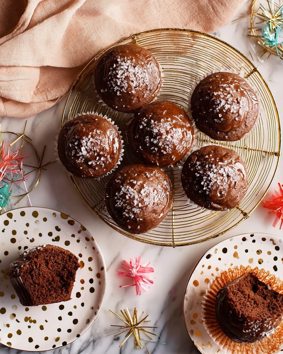 The image shows eight round, brown muffins with a shiny glaze on top and sprinkled with coarse white sugar. Seven muffins are placed on a gold wire cooling rack, arranged in a circular pattern with one in the middle. One muffin sits on a white plate with gold polka dots on the lower left; another white plate with gold polka dots on the lower right holds one whole muffin and a half-eaten muffin with a soft and crumbly inside visible. The background is a white marbled texture with a pale pink cloth and red ribbon, along with colorful small party decorations in soft pastel colors near the top right. Photo taken with an iphone --ar 4:5 --v 7