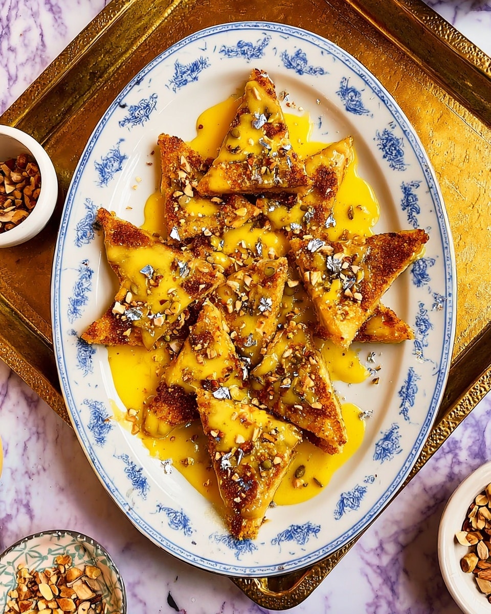 The dish shows a white plate with a blue and brown floral border, holding seven triangular golden-brown toasted pieces arranged overlapping in a circle with tips pointing outward. A thick yellow sauce is poured over the toast pieces, dripping slightly on the plate. Small chopped nuts are scattered evenly on top, along with tiny silver flakes that add shine. The plate sits on a golden tray with an old, worn look, placed on a white marbled surface. Nearby, a small white bowl holds more chopped nuts, and a woman's hand is just about to take one toasted piece from the plate. photo taken with an iphone --ar 4:5 --v 7