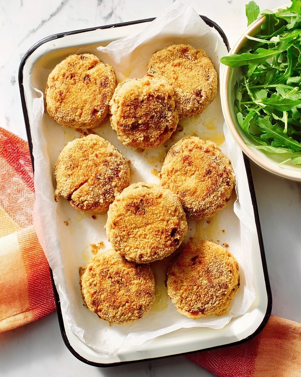 The image shows seven round, golden-brown patties with a slightly crispy texture, arranged on white baking paper inside a white enamel roasting pan with a black edge. The patties look crunchy on the outside and are evenly spaced, with some having a slight orange tint on top, possibly from seasoning or baking. To the right of the pan, there is a white bowl filled with fresh, dark green leafy arugula sitting on a white marbled surface partially covered by an orange and white striped cloth. The scene is bright, with natural light enhancing the warm tones of the patties. photo taken with an iphone --ar 4:5 --v 7