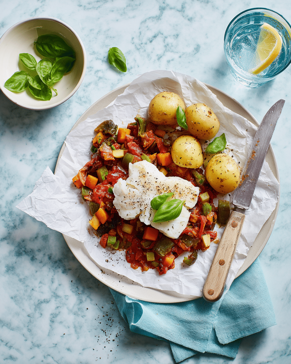 A dish on a round white plate lined with crinkled parchment paper shows a center layer of diced cooked vegetables in red, orange, yellow, and green colors, topped by a thick, white piece of flaky fish seasoned with black pepper. On the right side of the plate, there are four small, round cooked potatoes with a light yellow-brown skin, garnished with green basil leaves scattered on and around the food. A silver fork rests on the left side of the plate, partially inserted into the vegetables. The plate sits on a light blue cloth napkin placed on a white marbled surface. Above the plate, a small white bowl with green basil leaves and a glass of water with a lemon slice are visible. A knife with a yellow handle and some red sauce sits to the right of the plate. photo taken with an iphone --ar 4:5 --v 7