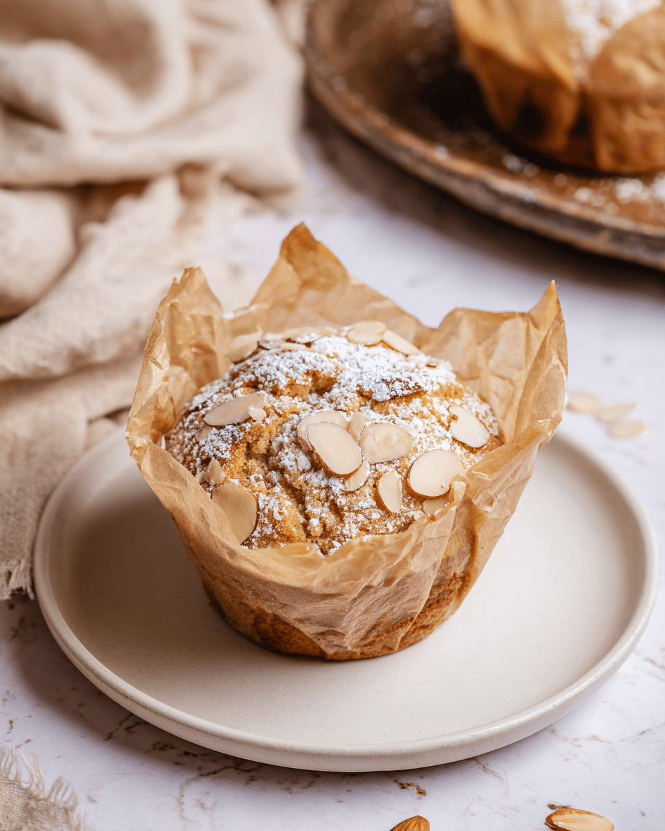 A single muffin sits in crinkled brown baking paper on a plain white plate, the muffin top golden brown and sprinkled with thin almond slices and a light dusting of white powdered sugar. The muffin paper extends above the muffin, creating soft folds around it. In the blurred background, there is a second muffin partially visible on a metal tray, all set on a white marbled surface with a beige cloth on the right side of the image. photo taken with an iphone --ar 4:5 --v 7