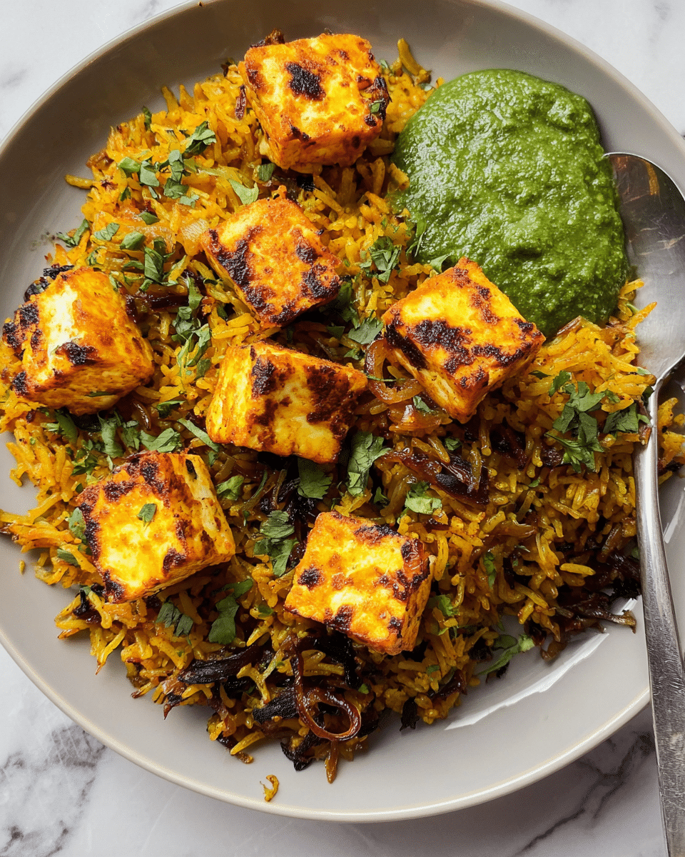A close-up of a black plate with one layer of yellow rice mixed with fried onions and small green herb pieces. Scattered on top are several golden brown grilled paneer cubes with a slightly charred look. On the left side, there is a thick green sauce placed in a small dollop. A large spoon is placed on the right edge of the plate. The plate rests on a white marbled surface. photo taken with an iphone --ar 4:5 --v 7