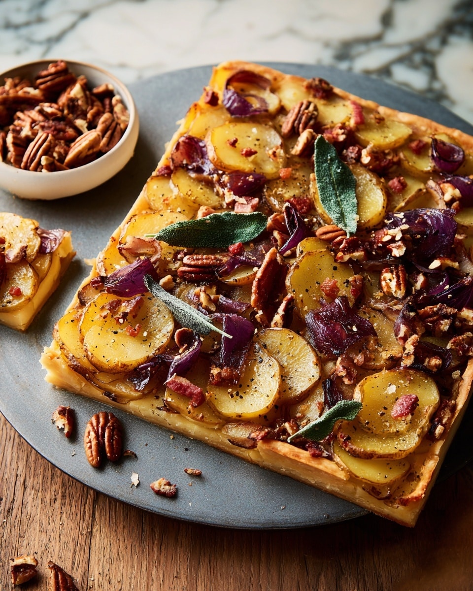 A square tart with a golden puff pastry base, topped with two transparent layers of cooked thinly sliced yellow potatoes and dark purple caramelized onions mixed with small bits of crispy bacon, scattered pecan halves, and whole green crispy sage leaves on top, sprinkled with cracked black pepper; one piece of the tart is cut and placed slightly in front, showing the textures clearly, beside a white bowl filled with pecans, all set on a white marbled textured surface with some crumbs and herbs around. Photo taken with an iphone --ar 4:5 --v 7