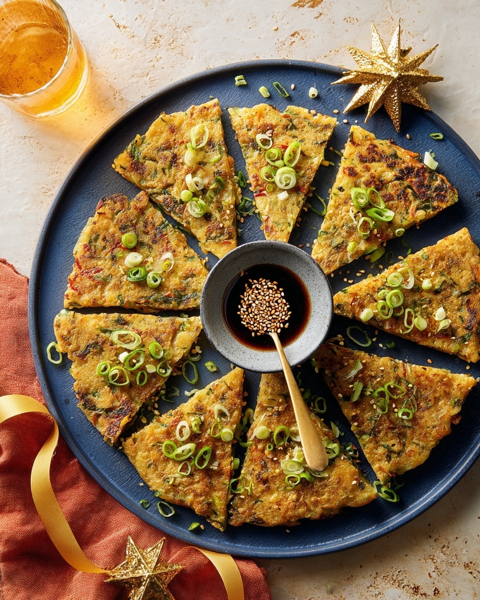 A dark blue plate holds eight triangular golden brown pancake pieces arranged in a circle around a gray bowl filled with light brown sesame seeds in dark oil, with a small golden spoon inside the bowl. The pancake pieces have visible green onion slices scattered on top, showing a crispy, textured surface with bits of green. The plate sits partly on a rust-colored cloth over a white marbled textured surface. Photo taken with an iphone --ar 4:5 --v 7