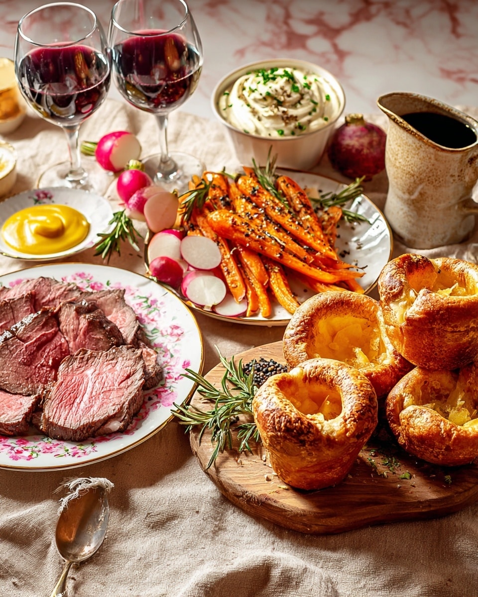 The image shows a white wooden board full of golden brown, puffy Yorkshire puddings with a crisp and airy texture piled in the front center; behind it is a white plate with bright orange roasted carrot sticks sprinkled with herbs and black pepper, placed on the right side of the board; to the left, there is another white plate with thinly sliced medium-rare steak layers, pink inside with a seared brown outer edge, accompanied by a small dish of smooth yellow mustard; a small cup of dark chutney with a spoon is beside the puddings; a rustic bowl filled with creamy herb sauce featuring green chopped herbs on top sits behind the carrots; several pink and white radishes lie scattered near the board edges; the scene is complemented with three glasses of deep red wine and a small jug of sauce on a white marbled surface with a light cloth underneath, photo taken with an iphone --ar 4:5 --v 7