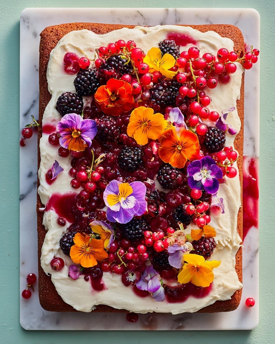 A rectangular cake with a golden-brown base is topped with a thick, creamy white layer of frosting that spreads unevenly across the surface. Scattered on top are many dark blackberries and bright red currants, some resting in small pools of red berry sauce that adds a glossy textured swirl atop the frosting. Colorful edible flowers in shades of orange, purple, yellow, and red are spread evenly across the cake, adding a bright and fresh look. The cake sits on a white surface with a marbled texture. photo taken with an iphone --ar 4:5 --v 7