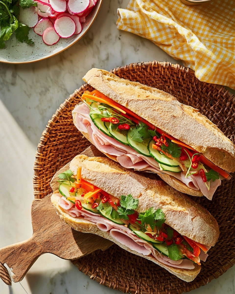 Two sandwiches lie next to each other on a round wicker tray with a wooden cutting board under them, all placed on a white marbled surface. Each sandwich has three main layers: the top and bottom are light brown crusty baguette bread with a rough texture, in the middle are thin slices of pale pink ham, followed by thin slices of green cucumber and orange carrot strips, and bright green cilantro leaves scattered across. On top of the vegetables, there are small red chili pieces and green spring onion rings adding color contrast. Nearby, a white plate with sliced radish and cilantro and a yellow-checkered cloth napkin complete the scene with natural sunlight casting soft shadows. photo taken with an iphone --ar 4:5 --v 7