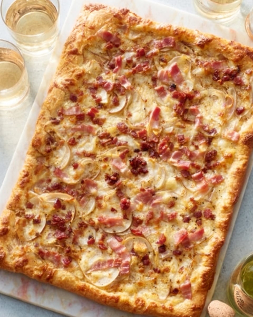 A rectangular pizza with a thick, golden-brown crust sits on a white marbled surface. The top layer is covered with melted cheese, with visible patches of light brown where it has browned. Beneath the cheese, there are slices of reddish-brown sausage and strips of light pink ham spread evenly. Thin rings of white onion and small pieces of greenish pepper are scattered throughout the pizza. The overall texture appears crispy on the edges and soft in the middle. A woman's hand is holding the pizza slightly from one corner. In the background, there are two glasses filled with a light golden drink, with one of the glasses partially blurred. Photo taken with an iphone --ar 4:5 --v 7