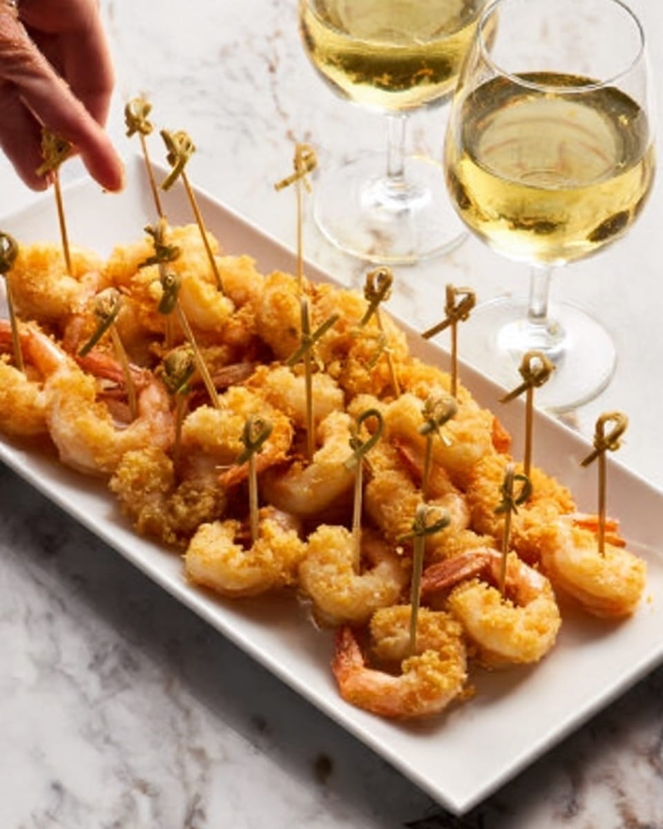 A rectangular white plate holds several golden-brown fried shrimp, each one curled and crispy on the outside with a slight shine, arranged neatly in rows across the plate. The shrimp are pierced with decorative wooden picks, positioned upright. In the middle of the plate, a small white round cup contains more wooden picks. The plate sits on a gray cloth napkin over a white marbled surface, with two clear glasses of water and a wine bottle blurred softly in the background. Photo taken with an iphone --ar 4:5 --v 7